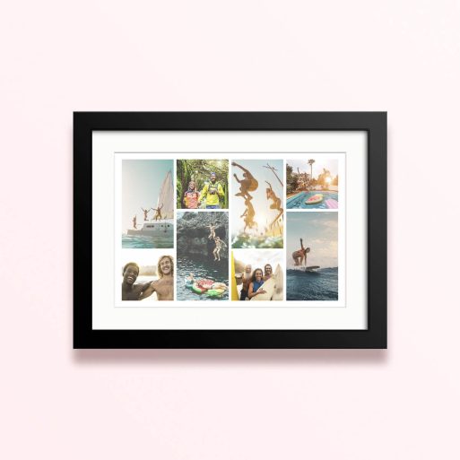 Framed and mounted photo print collage with nine photos.