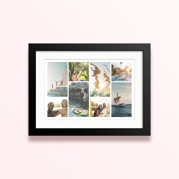 Framed and mounted photo print collage with nine photos.