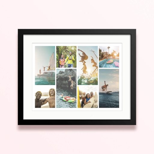 Framed and mounted photo print collage with nine photos.