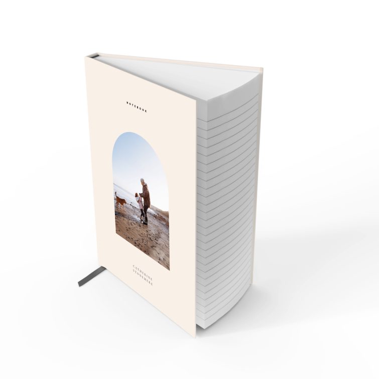 Personalised notebook cover design with one photo, featuring a beach scene.