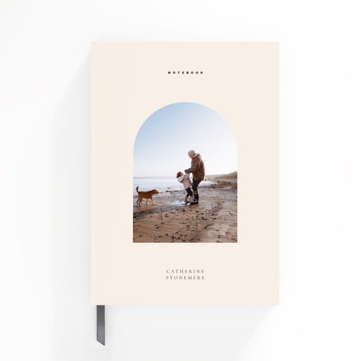 Personalised notebook cover design with one photo, featuring a beach scene.