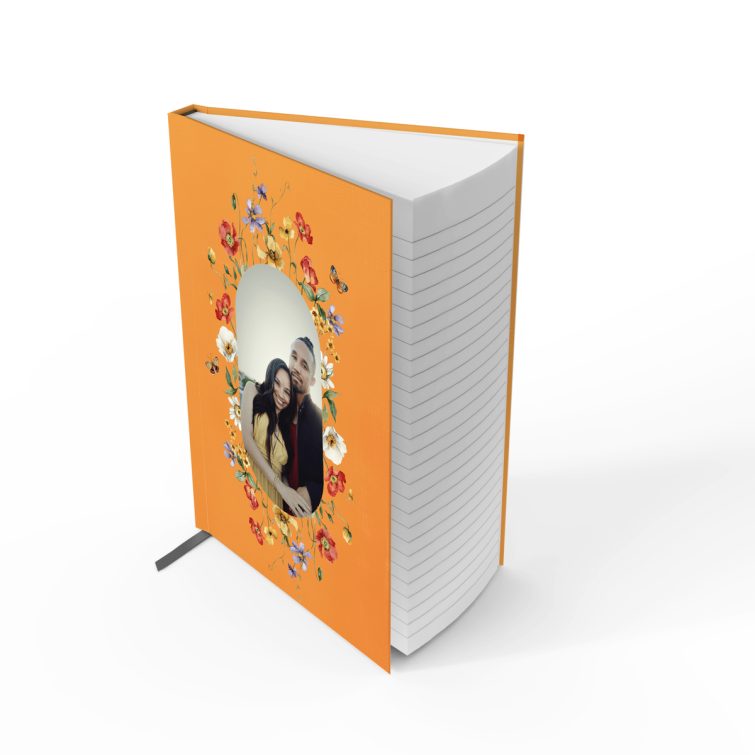 Floral-themed portrait notebook design with one photo on the cover for personalised stationery by Utterly Printable.