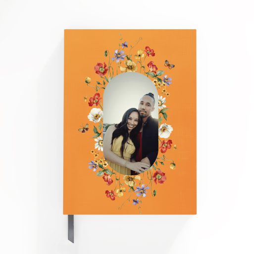 Floral-themed portrait notebook design with one photo on the cover for personalised stationery by Utterly Printable.