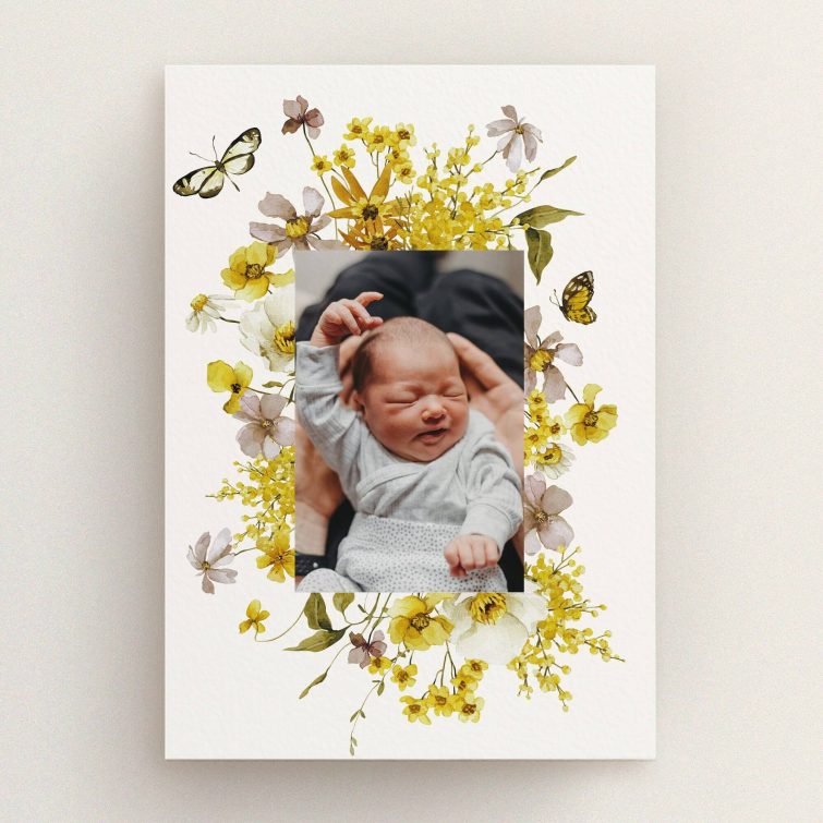 Floral birth announcement card design featuring one photo.