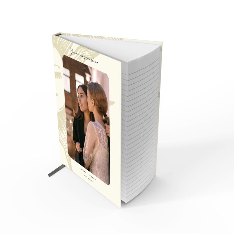 Portrait orientation notebook design with sun illustration and one photo, suitable for personalised printing at Utterly Printable.