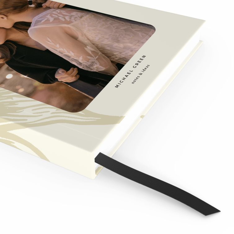 Portrait orientation notebook design with sun illustration and one photo, suitable for personalised printing at Utterly Printable.