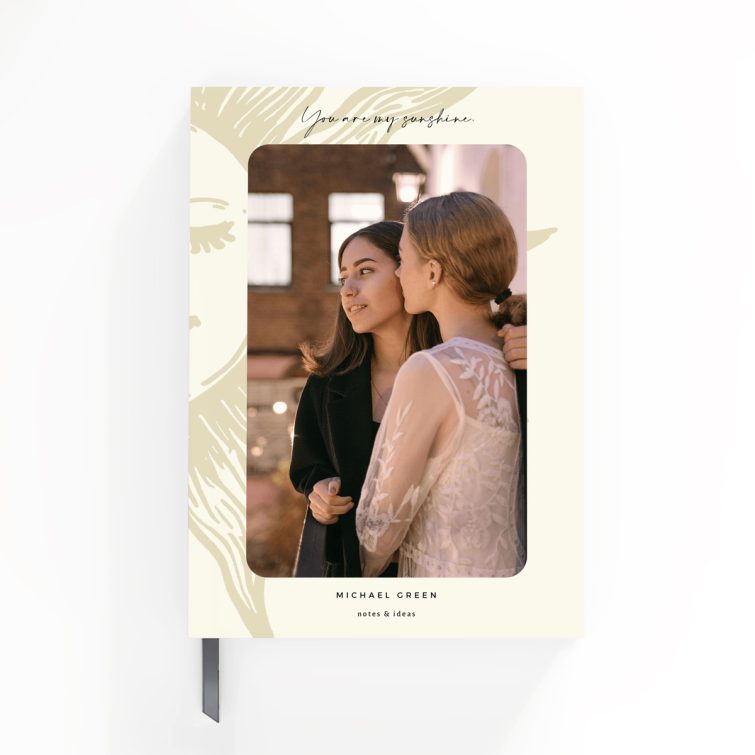 Portrait orientation notebook design with sun illustration and one photo, suitable for personalised printing at Utterly Printable.