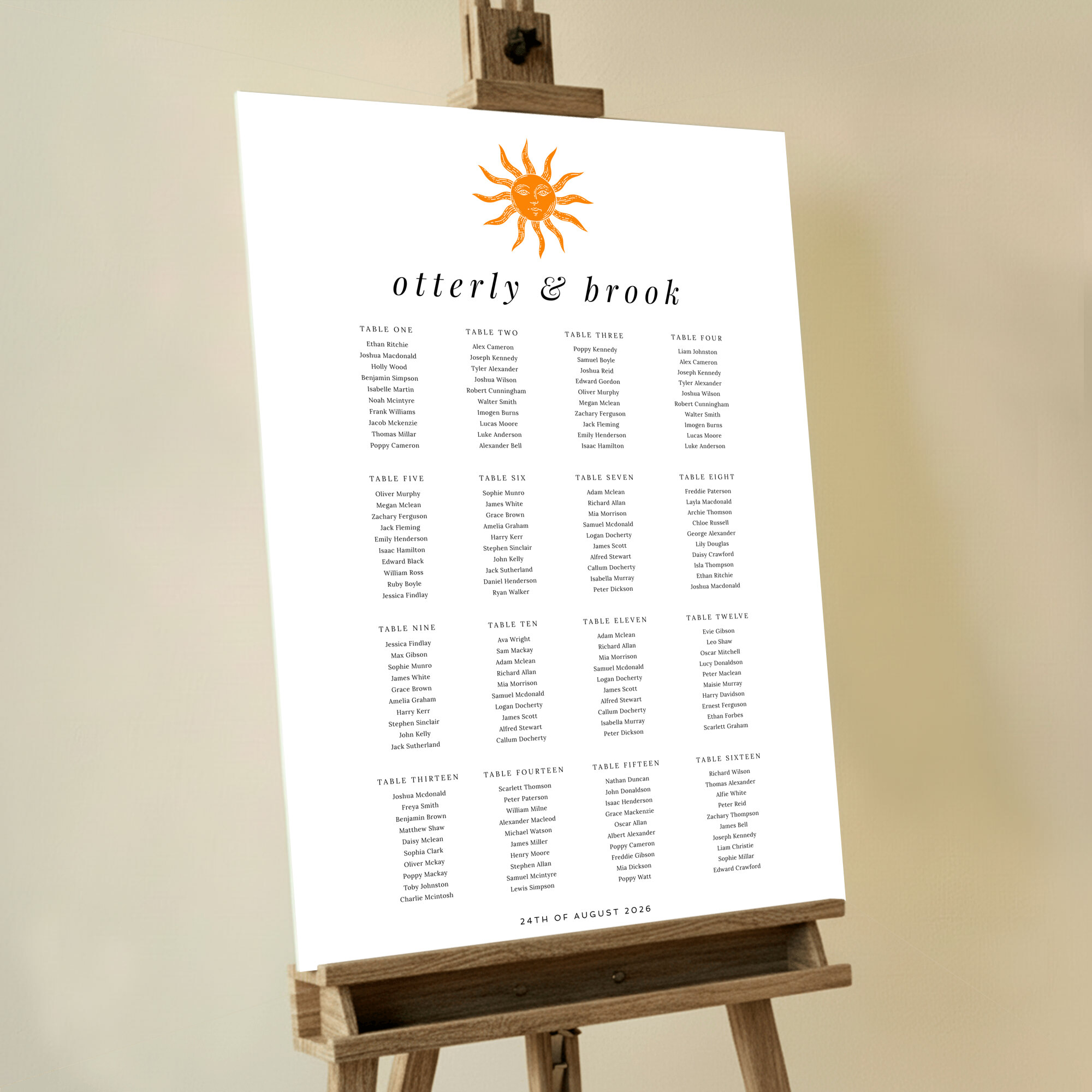 Playful seating plan design named 'Sunny Delight' featuring a bright orange sun at the top of the board, adding a touch of whimsy to your wedding celebration.. This template is formatted for 16 tables.