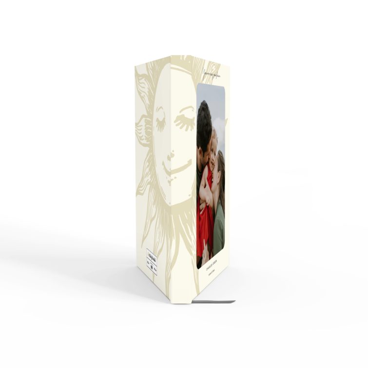 Portrait orientation notebook cover design with sun illustration and a family photo on the front.