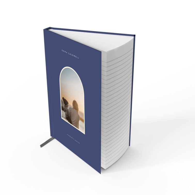 Blue personalised notebook cover design with one photo, available at Utterly Printable.