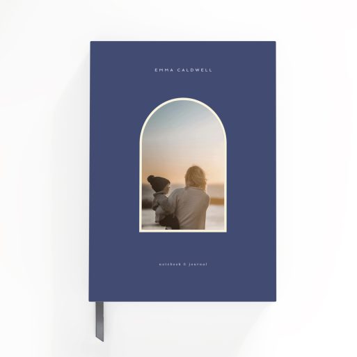 Blue personalised notebook cover design with one photo, available at Utterly Printable.