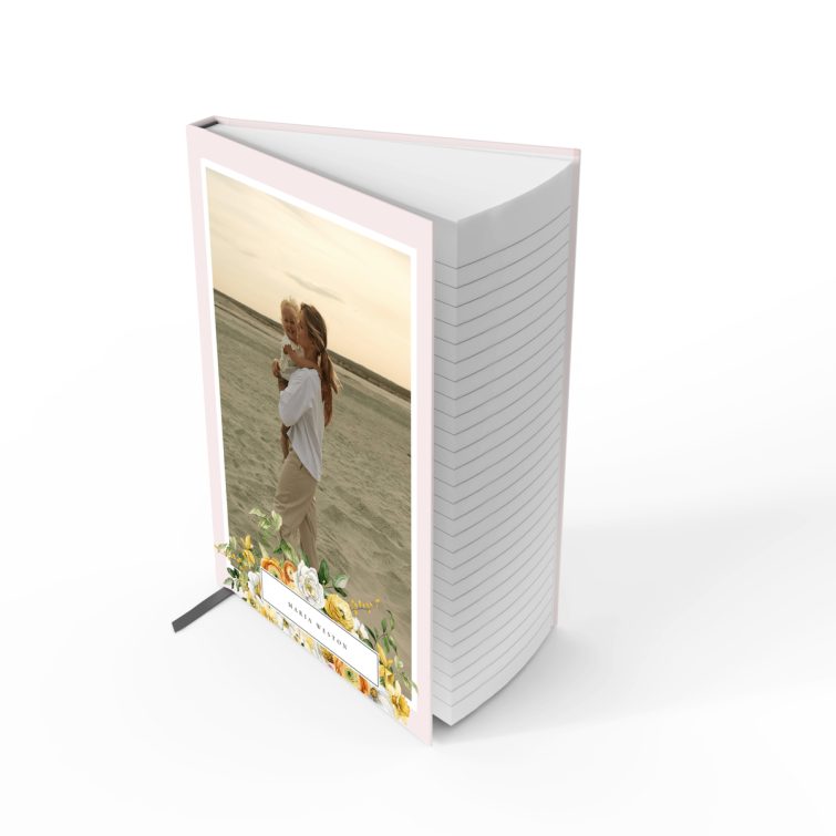 Floral personalised notebook design with one photo on the cover spread by Utterly Printable.