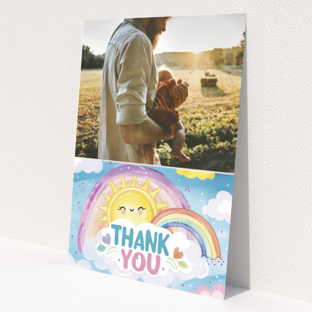 Baby thank you card with an illustration and a photo of an adult holding a baby