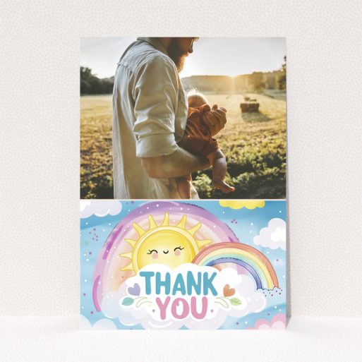 Baby thank you card with an illustration and a photo of an adult holding a baby