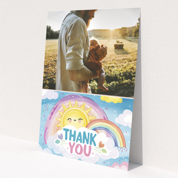 Baby thank you card with an illustration and a photo of an adult holding a baby