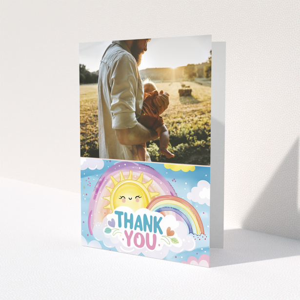 Baby thank you card with an illustration and a photo of an adult holding a baby