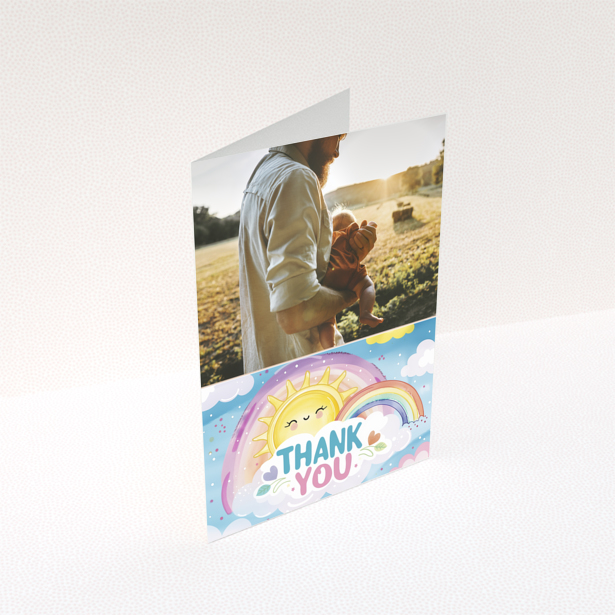 Baby thank you card with an illustration and a photo of an adult holding a baby