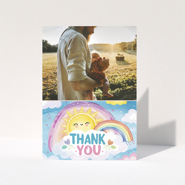 Baby thank you card with an illustration and a photo of an adult holding a baby