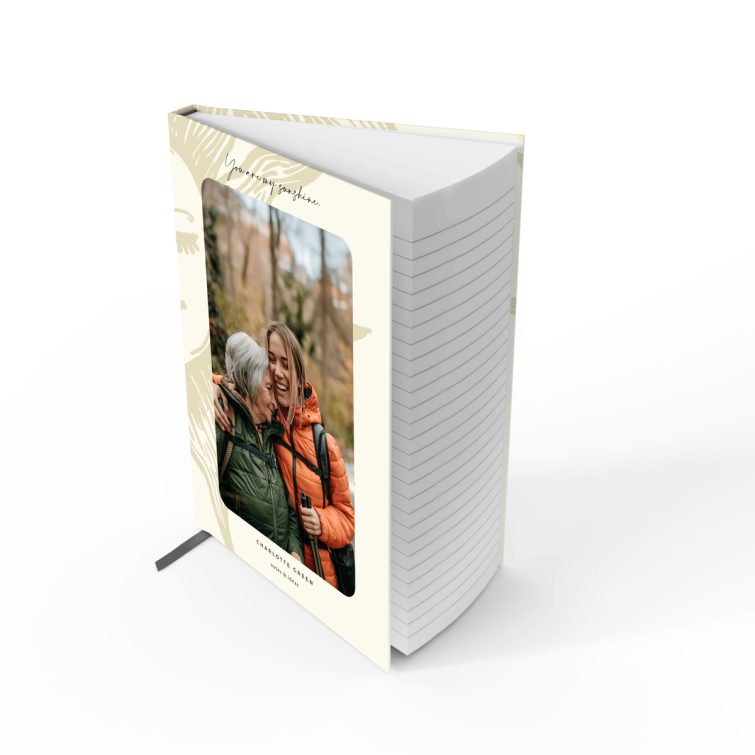 Notebook cover design with sun illustration and one photo on the front cover for Utterly Printable.