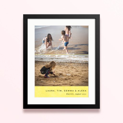Framed and mounted photo print with three children playing in the water at the beach