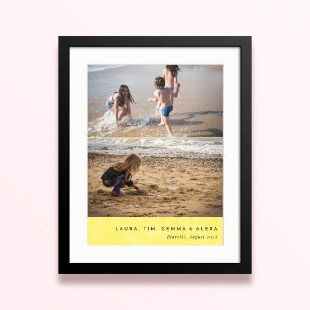 Framed and mounted photo print with three children playing in the water at the beach