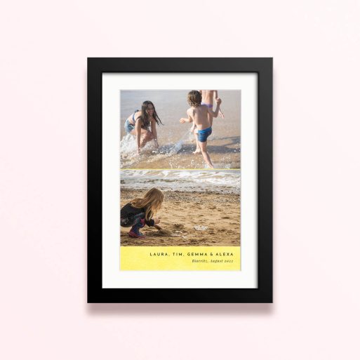 Framed and mounted photo print with three children playing in the water at the beach