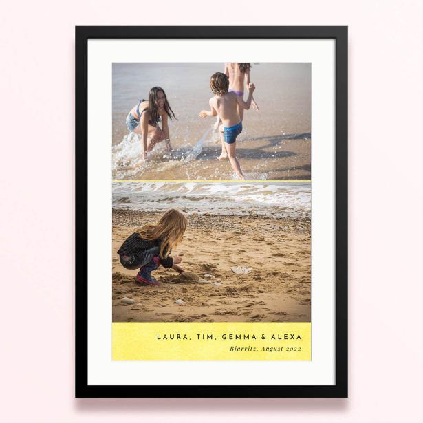 Framed and mounted photo print with three children playing in the water at the beach
