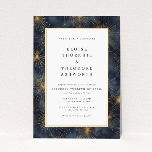 "Supernova" wedding invitation featuring a mesmerising deep blue background adorned with golden starbursts, evoking the grandeur of the cosmos for a luxurious and unforgettable celebration This is a view of the front