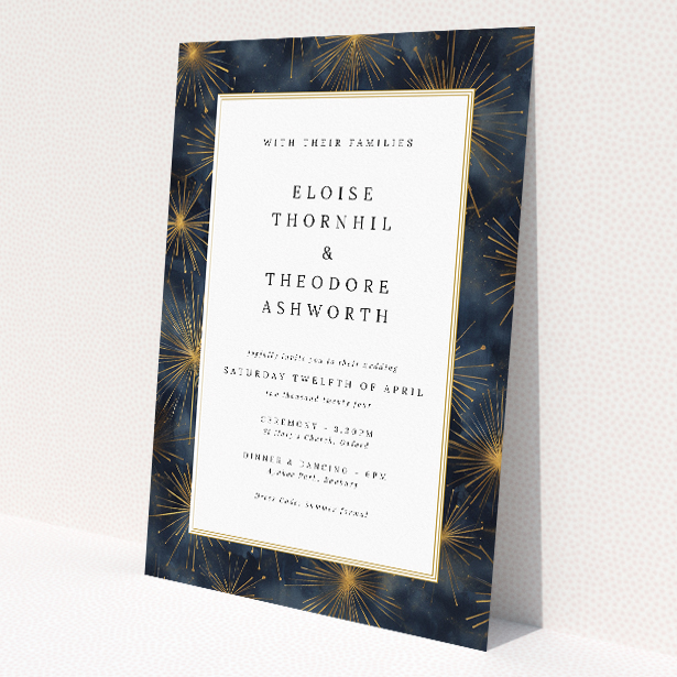 "Supernova" wedding invitation featuring a mesmerising deep blue background adorned with golden starbursts, evoking the grandeur of the cosmos for a luxurious and unforgettable celebration This image shows the front and back sides together