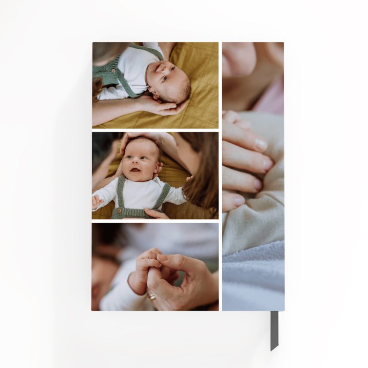 Personalised baby photo notebooks featuring four images, ideal for new parents.