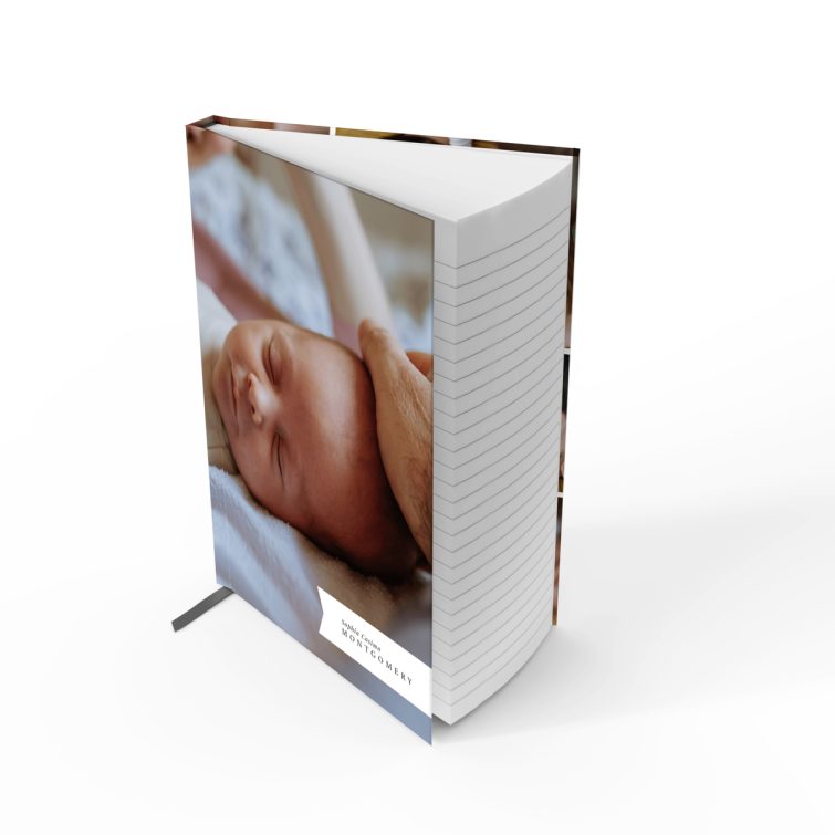 Personalised baby photo notebooks featuring four images, ideal for new parents.