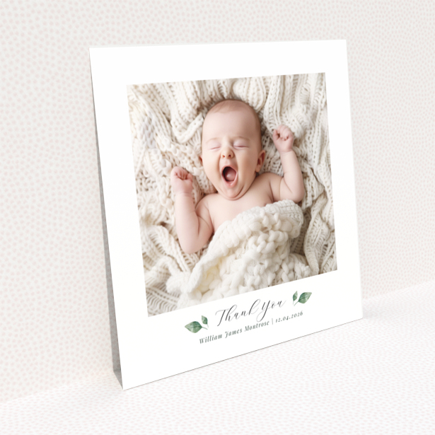 Baby thank you card design on a white square layout with no photos on the reverse side