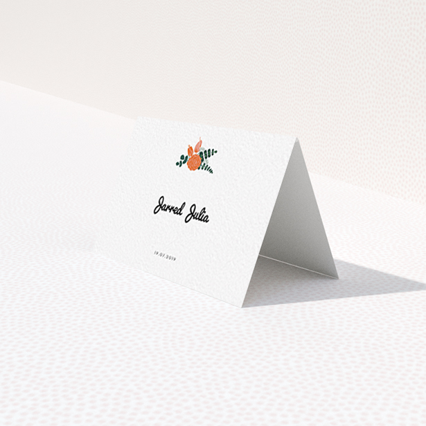 A table place card called "Abstract Bouquet". It is an 85 x 55mm card in a landscape orientation. "Abstract Bouquet" is available as a folded card, with tones of white and green.