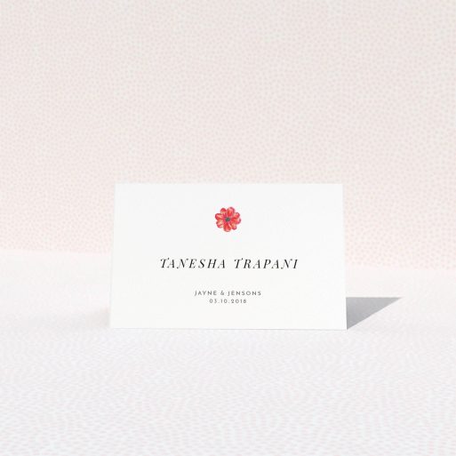 Table Place Card Design - "Acrylic Daisy" A table place card called "Acrylic Daisy". It is an 85 x 55mm card in a landscape orientation. "Acrylic Daisy" is available as a folded card, with tones of white and red.