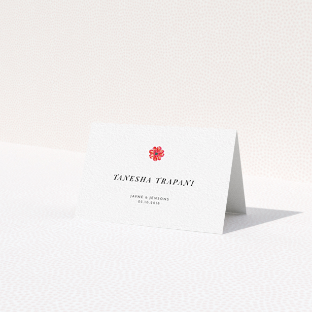 A table place card called 'Acrylic Daisy'. It is an 85 x 55mm card in a landscape orientation. 'Acrylic Daisy' is available as a folded card, with tones of white and red.