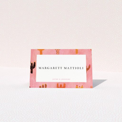 Table Place Card Design - "Albuquerque" A table place card design named "Albuquerque". It is an 85 x 55mm card in a landscape orientation. "Albuquerque" is available as a folded card, with tones of pink and orange.