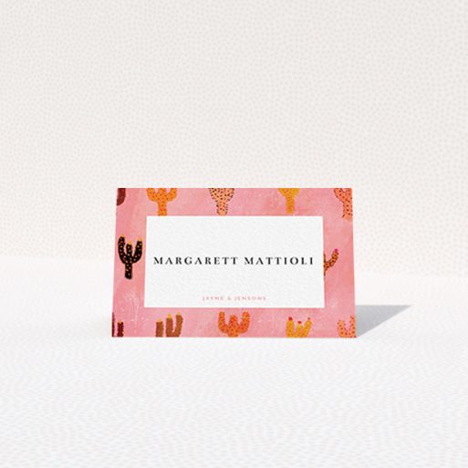 A table place card design named "Albuquerque". It is an 85 x 55mm card in a landscape orientation. "Albuquerque" is available as a folded card, with tones of pink and orange.