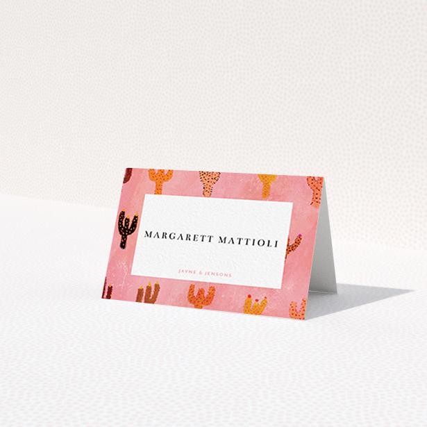 A table place card design named 'Albuquerque'. It is an 85 x 55mm card in a landscape orientation. 'Albuquerque' is available as a folded card, with tones of pink and orange.