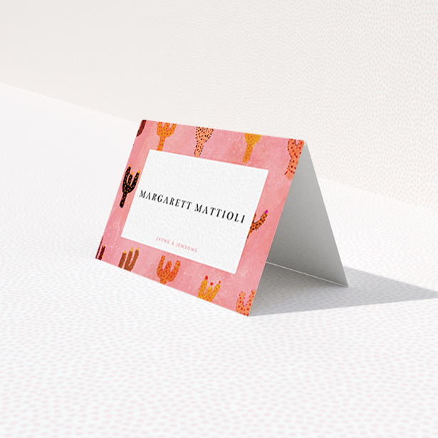 A table place card design named "Albuquerque". It is an 85 x 55mm card in a landscape orientation. "Albuquerque" is available as a folded card, with tones of pink and orange.