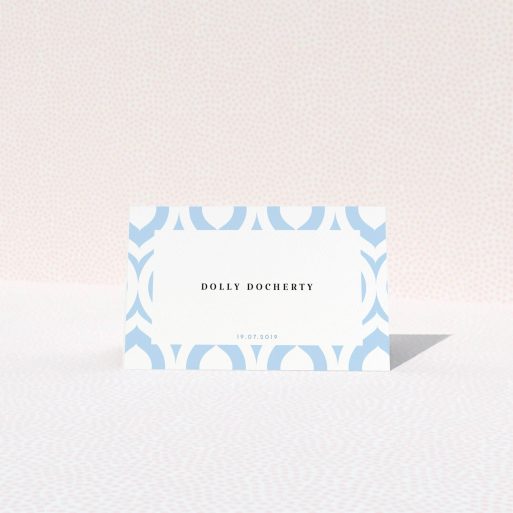 Table Place Card Design - "Arabian diamonds" A table place card named "Arabian diamonds". It is an 85 x 55mm card in a landscape orientation. "Arabian diamonds" is available as a folded card, with tones of blue and white.