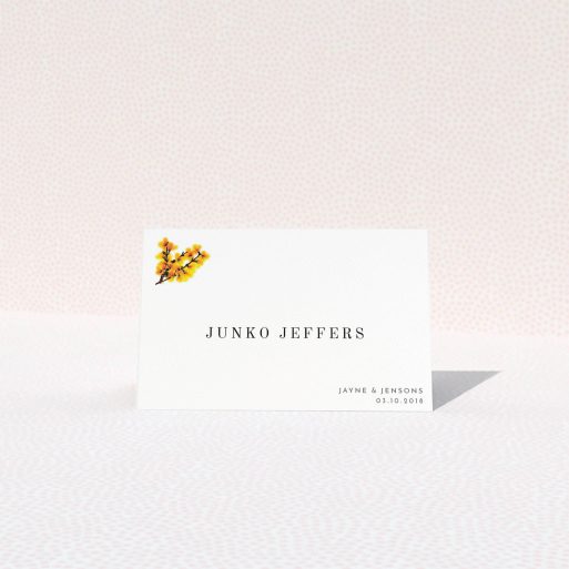 Table Place Card Design - "Autumn Blossom" A table place card design titled "Autumn Blossom". It is an 85 x 55mm card in a landscape orientation. "Autumn Blossom" is available as a folded card, with tones of white and orange.