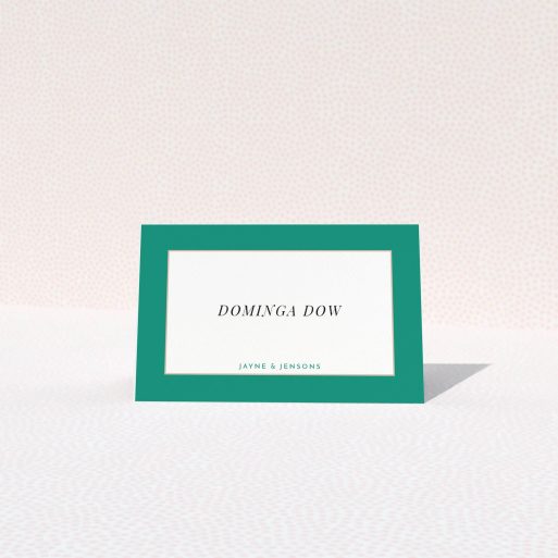 Table Place Card Design - "Big Green" A table place card design titled "Big Green". It is an 85 x 55mm card in a landscape orientation. "Big Green" is available as a folded card, with tones of green and white.
