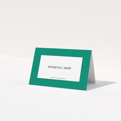 A table place card design titled 'Big Green'. It is an 85 x 55mm card in a landscape orientation. 'Big Green' is available as a folded card, with tones of green and white.