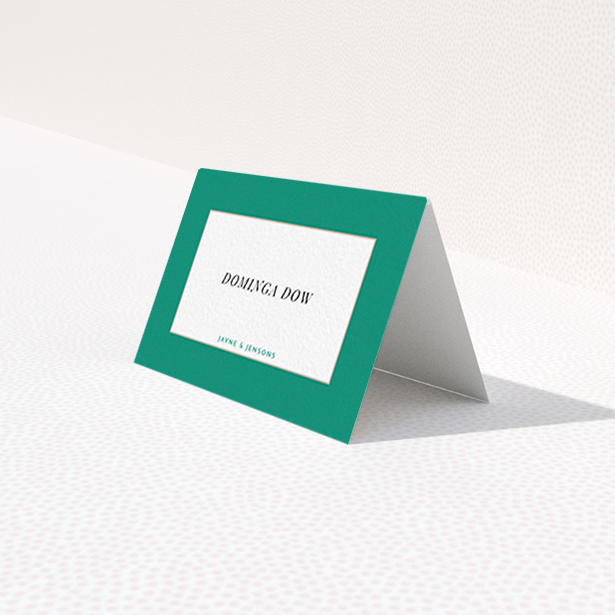 A table place card design titled "Big Green". It is an 85 x 55mm card in a landscape orientation. "Big Green" is available as a folded card, with tones of green and white.