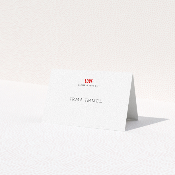 A table place card design called 'Big Love'. It is an 85 x 55mm card in a landscape orientation. 'Big Love' is available as a folded card, with tones of white and red.