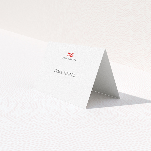 A table place card design called "Big Love". It is an 85 x 55mm card in a landscape orientation. "Big Love" is available as a folded card, with tones of white and red.