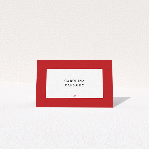 A table place card template titled "Big Red". It is an 85 x 55mm card in a landscape orientation. "Big Red" is available as a folded card, with tones of red and white.