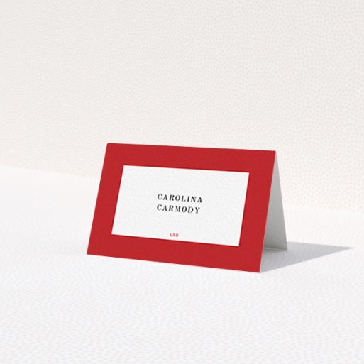 A table place card template titled 'Big Red'. It is an 85 x 55mm card in a landscape orientation. 'Big Red' is available as a folded card, with tones of red and white.