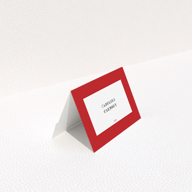 A table place card template titled "Big Red". It is an 85 x 55mm card in a landscape orientation. "Big Red" is available as a folded card, with tones of red and white.