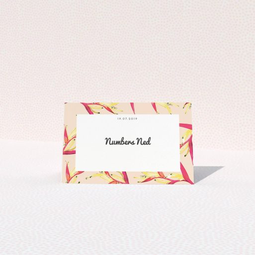 Table Place Card Design - "Birds of paradise" A table place card template titled "Birds of paradise". It is an 85 x 55mm card in a landscape orientation. "Birds of paradise" is available as a folded card, with tones of dark cream and red.
